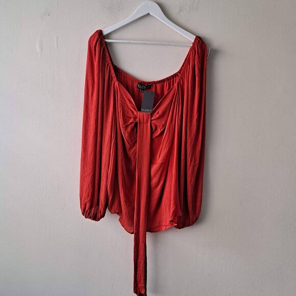 Eloquii Terracota Color Square Neck Top w 3/4 Puff Sleeve & Tie - Size 24 (NWT) - Picture 3 of 11